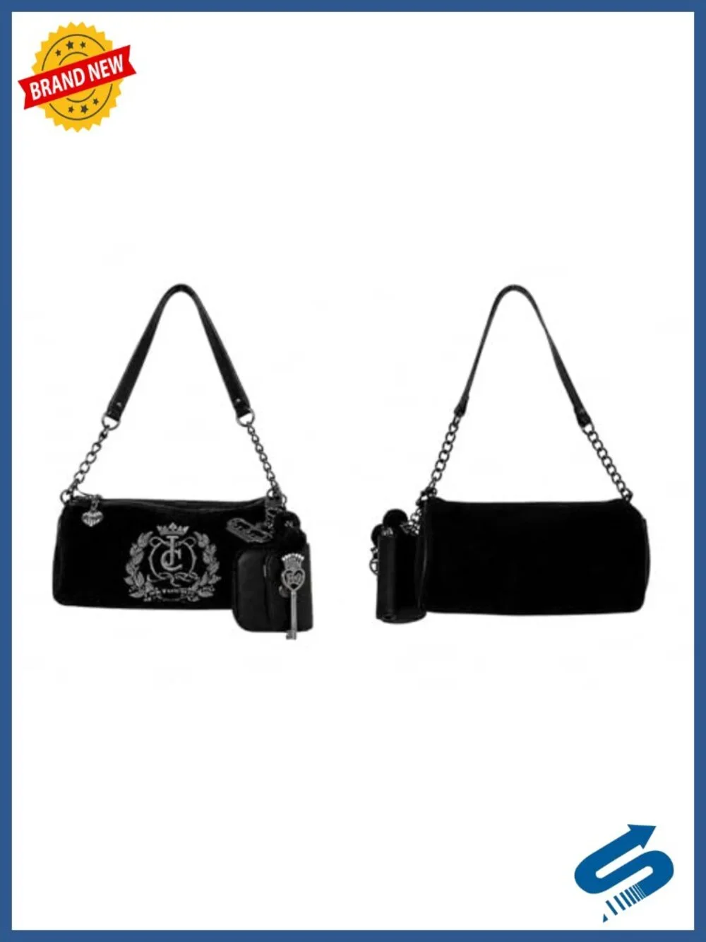 Velour Shoulder Bag with Chain Strap, Mini Pouch, Zip Closure